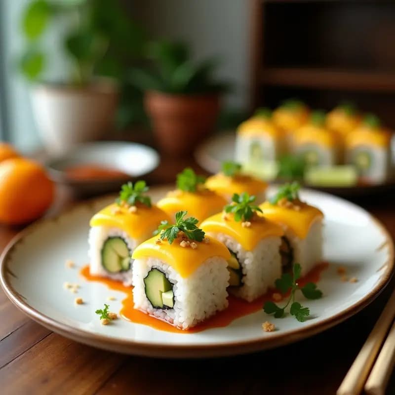 Plato blanco con porciones de sushi vegano de mango y aguacate envueltas en gel translúcido de leche de coco, decorado con semillas de sésamo y hojas de cilantro, acompañado de salsa de soja y rodajas de limón.