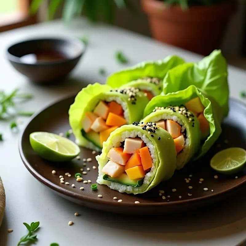 Plato blanco con rollos de sushi de mango y cangrejo fusion cortados en piezas, mostrando capas de arroz, mango amarillo, aguacate verde y cangrejo, decorados con semillas de sésamo y cebollino, acompañados de salsa de soja y wasabi.