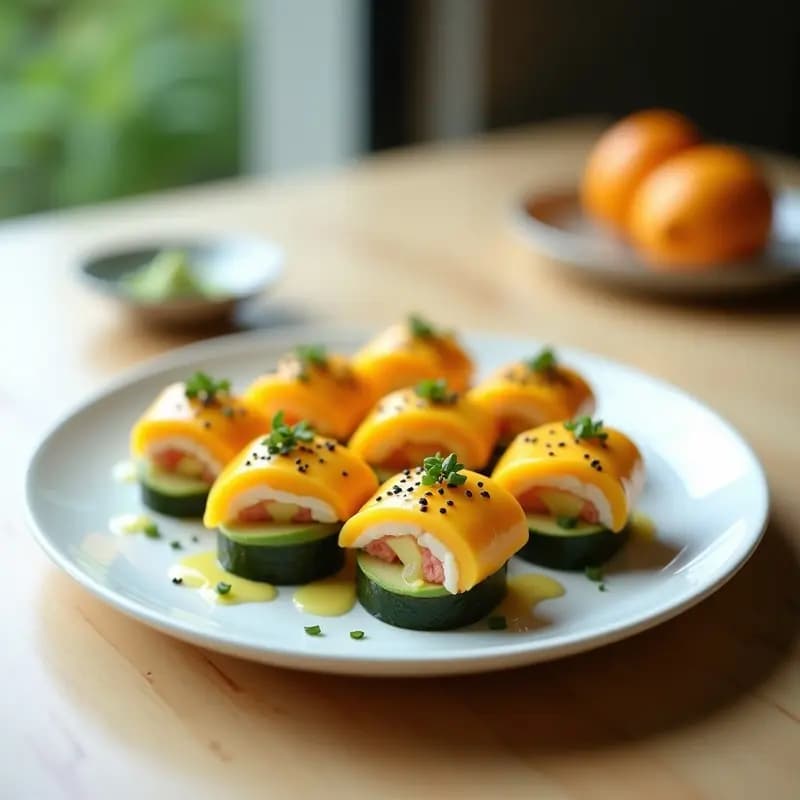 Plato elegante de sushi de mango y cangrejo con vinagreta de limón yuzu, servido en hojas de lechuga butter con capas de aguacate, pepino y semillas de sésamo negro, rociado con vinagreta brillante.
