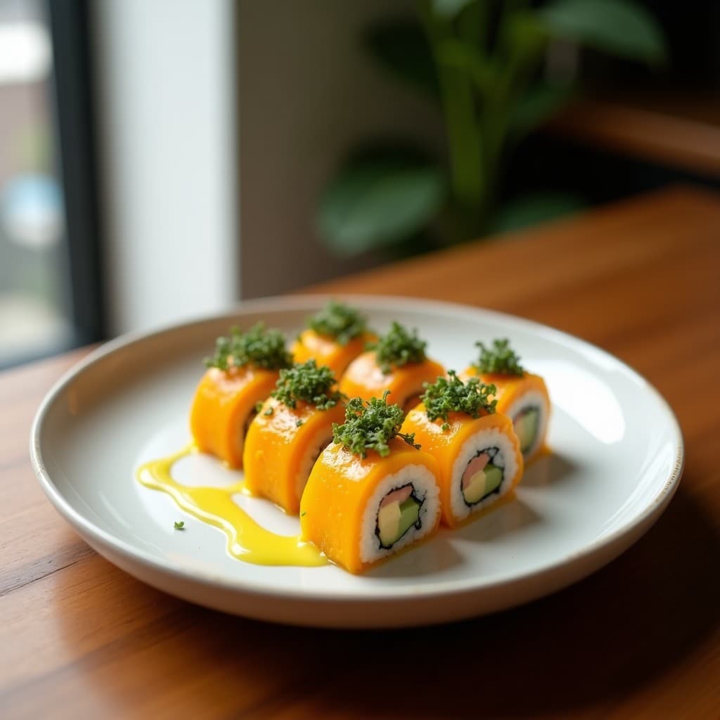Rollos de sushi vegano sin arroz con envoltorio de alga nori, rellenos de mango dorado, aguacate cremoso y zanahoria teñida de cúrcuma, cortados en porciones y servidos sobre una tabla de madera con semillas de sésamo y pasta de wasabi.