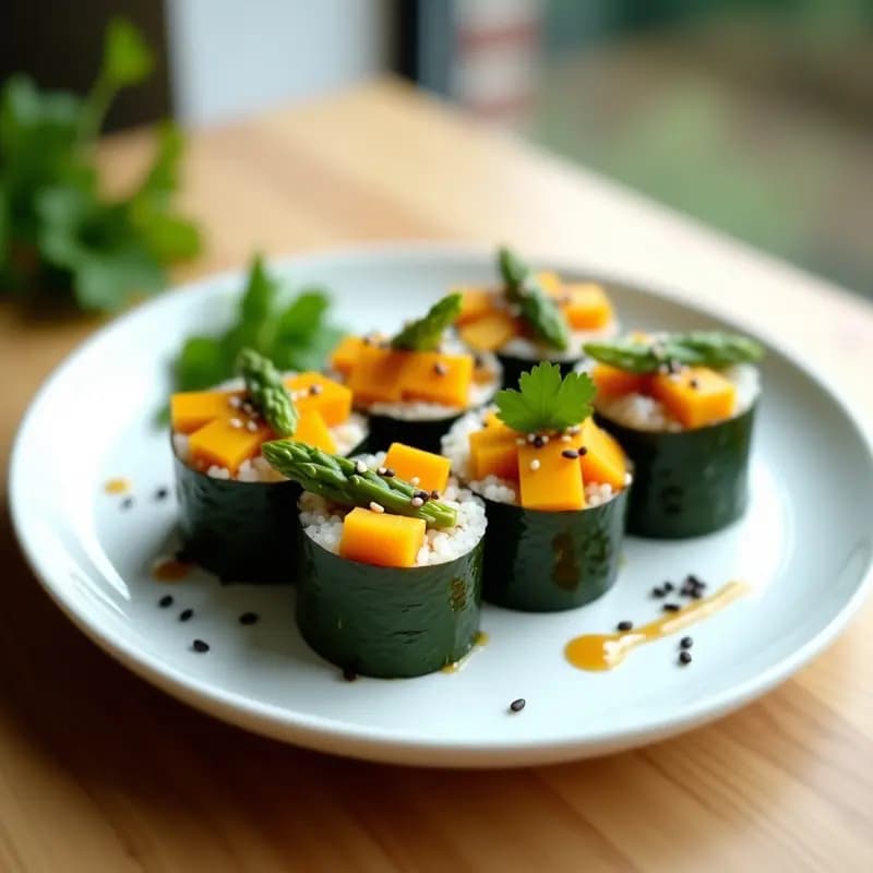 Plato blanco con rollos de sushi vegano sin arroz, rellenos de mango maduro en tiras y espárragos verdes, bañados en vinagreta de sésamo dorado. Decorado con cilantro fresco y semillas de sésamo negro, sobre fondo de madera clara.