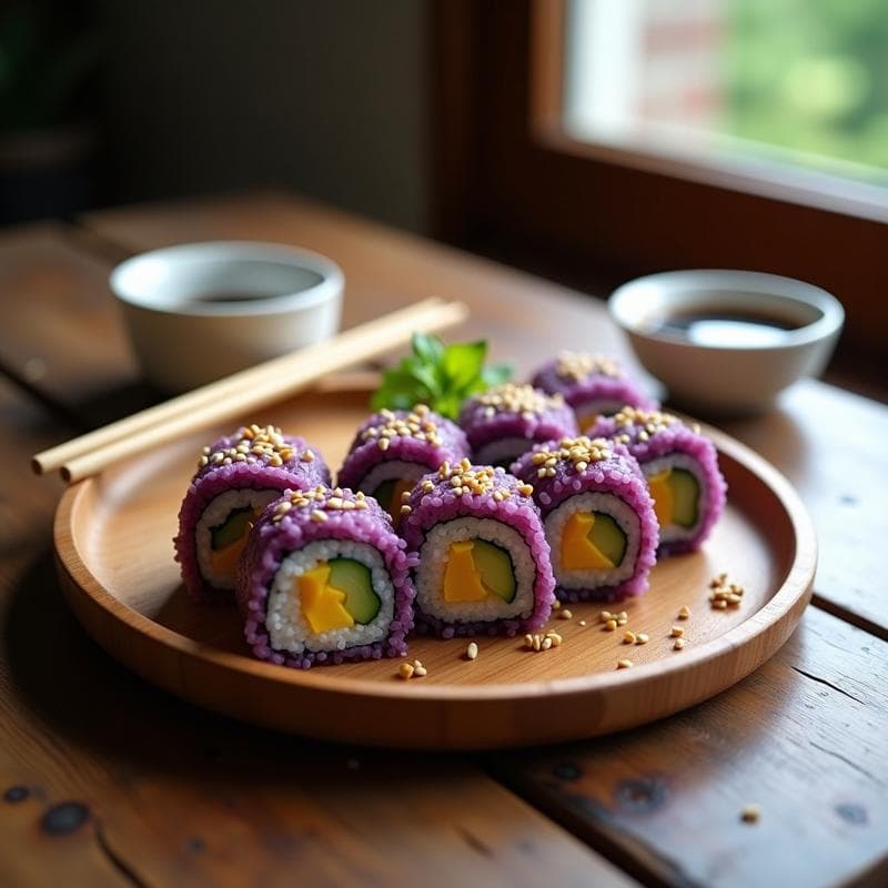 Plato de madera con rollos de sushi de arroz morado oscuro, rellenos de tiras de mango amarillo y pepino verde, espolvoreados con semillas de sésamo. Acompañados de un pequeño cuenco con salsa de soja sin gluten y un fondo borroso de cocina tradicional.