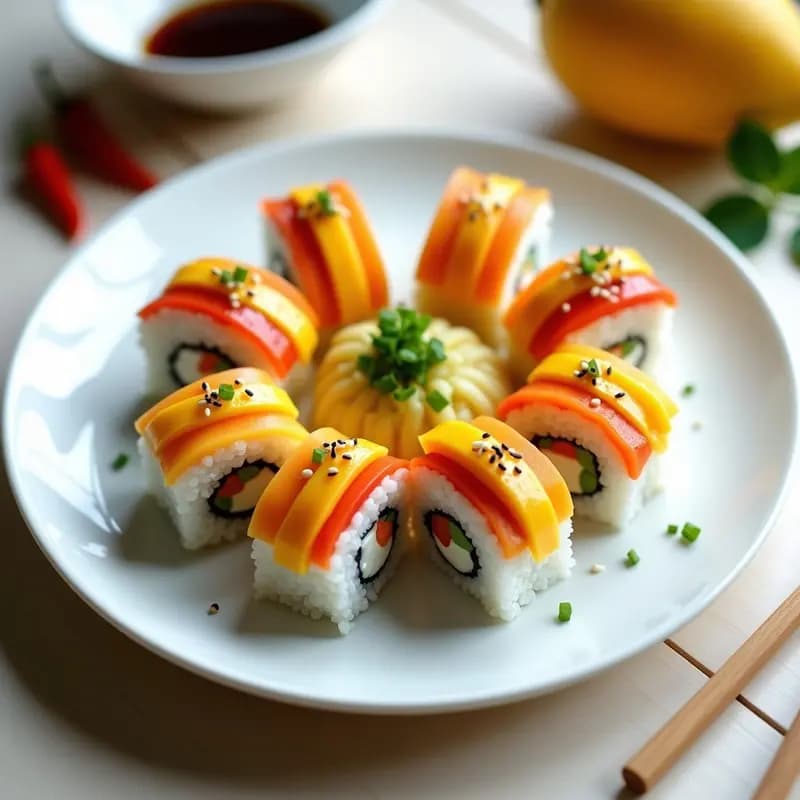 Plato blanco con rollos de sushi de mango y queso crema cortados en porciones, decorados con semillas de sésamo y cebollino, acompañados de salsa de soja y jengibre encurtido sobre una mesa de madera.