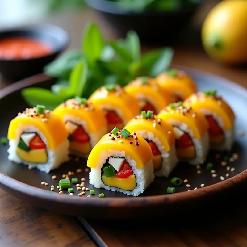 Plato de sushi vegano sin arroz con rollos de alga nori rellenos de coliflor rallada, queso crema de anacardos y tiras de mango, decorado con semillas de sésamo y cebollino, acompañado de salsa de soja y sriracha.