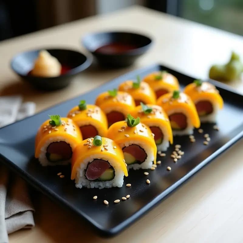 Rollos de sushi de fusión japonesa con base de coliflor, rellenos de mango amarillo, ventresca de atún rosada, aguacate verde y sésamo negro, servidos en plato de madera con salsa de yuzu y cilantro fresco.