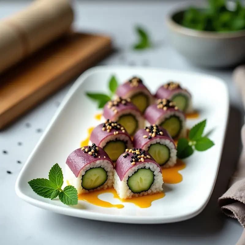 Rollitos de sushi vegano de mangostán y pepino sobre hoja de lechuga butter, bañados en vinagreta de jengibre, decorados con semillas de sésamo negro y cilantro fresco en una tabla de madera oscura