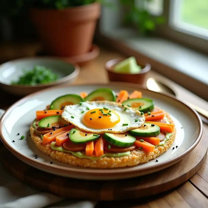 Sushi pizza japonesa con base de arroz dorado y crujiente, cubierta de crema de aguacate, cubos de atún fresco, semillas de sésamo y salsa de soja en zigzag, servida en tabla de madera rústica.