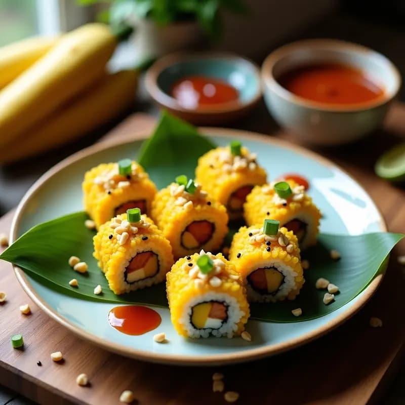 Rollos de sushi vegano con plátano macho caramelizado y cacahuete tostado, servidos en plato negro con salsa de tamarindo y chile al lado. Decorados con semillas de sésamo y hojas de cilantro.