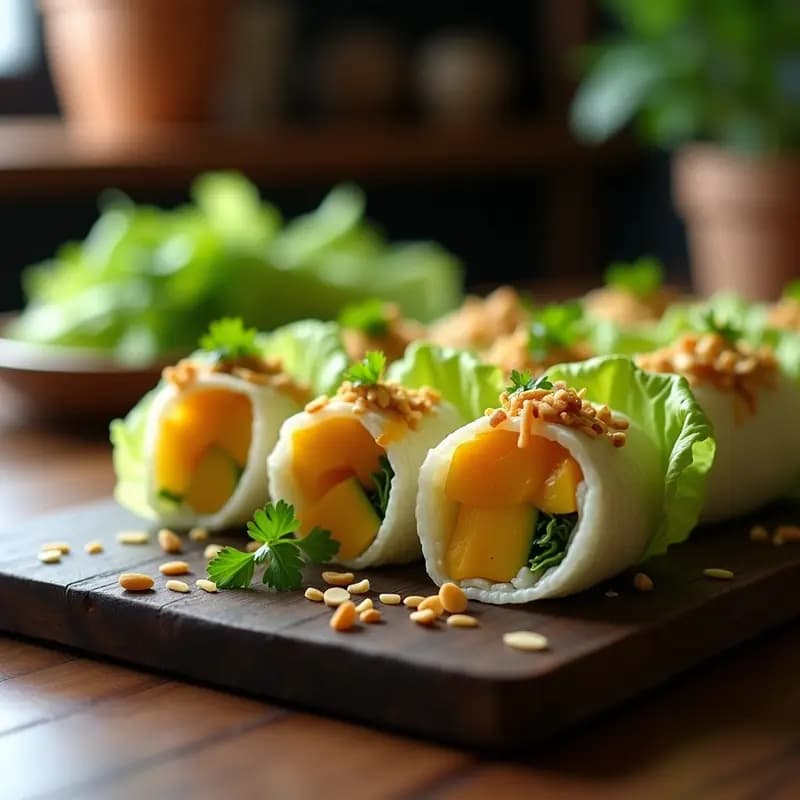 Rollos de sushi tailandés vegano con plátano macho y mango, envueltos en alga nori y decorados con semillas de sésamo negro, servidos en plato de bambú con salsa de coco y jengibre al lado.