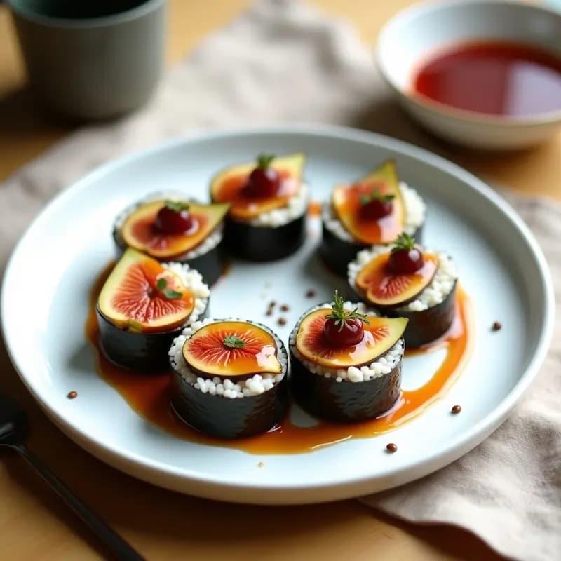 Plato blanco con 6 piezas de sushi dulce-salado: rollos de alga nori rellenos de arroz para sushi, queso cremoso y láminas de higo fresco, bañados con reducción de salsa teriyaki brillante. Decorado con semillas de sésamo tostadas y una lámina de higo en la parte superior. Fondo minimalista con tonos neutros.