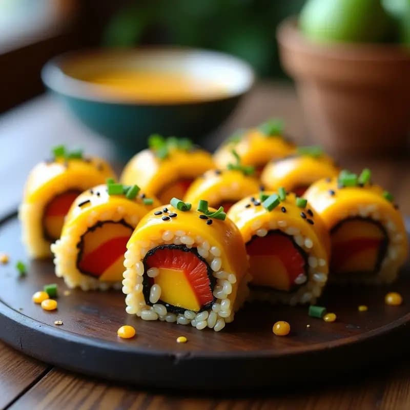 Plato de sushi vegano brasileño con rollos de quinoa y mango, cortados en porciones, bañados en salsa de maracuyá dorada, decorados con semillas de sésamo negro y cebollino fresco sobre fondo de madera rústica.