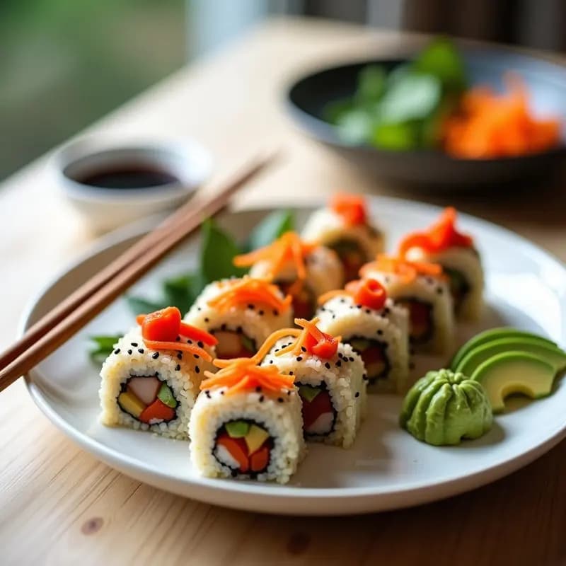 Plato de sushi vegano con rollos de quinoa y pimiento asado ahumado, decorados con semillas de sésamo negro, aguacate y zanahoria rallada, acompañado de salsa de soja y wasabi.