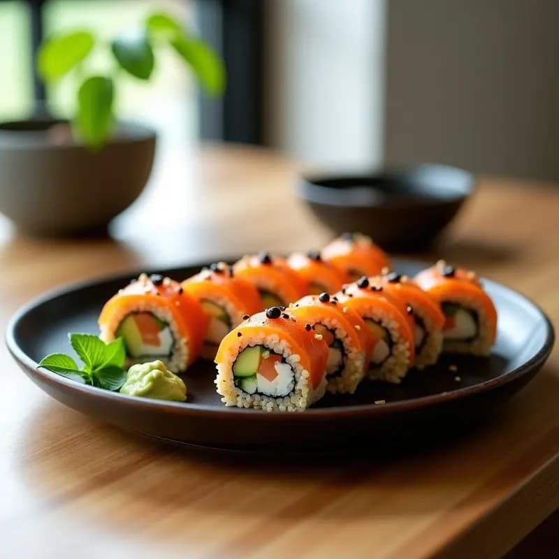 Rollos de sushi de quinoa y salmón ahumado cortados en porciones, con capas visibles de aguacate verde, zanahoria naranja y pepino, decorados con semillas de sésamo negro y blanco sobre un plato de madera oscura, acompañado de salsa de soja y wasabi.