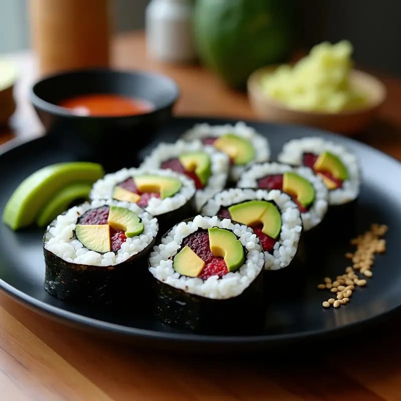 Plato de sushi vegano uramaki con remolacha y aguacate, cortado en porciones y acompañado de salsa de sésamo espesa y semillas tostadas, sobre una tabla de madera oscura con esterilla de bambú al fondo.