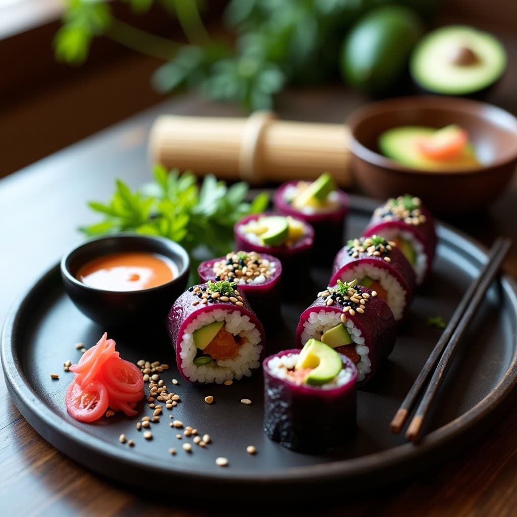 Plato de sushi vegano crudivegano con rollos de alga nori rellenos de arroz, remolacha morada en bastones y aguacate en láminas, acompañados de salsa de wasabi de rábano fresco y semillas de sésamo negro, sobre una esterilla de bambú con fondo de madera oscura.
