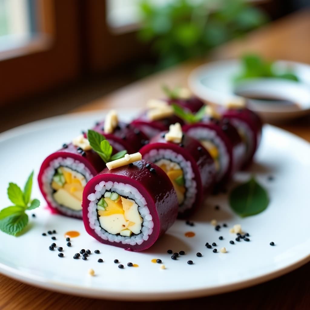 Plato de sushi vegano sin arroz con láminas de remolacha morada enrollando queso de almendras cremoso, decorado con semillas de sésamo negro y alga nori, receta Thermomix.