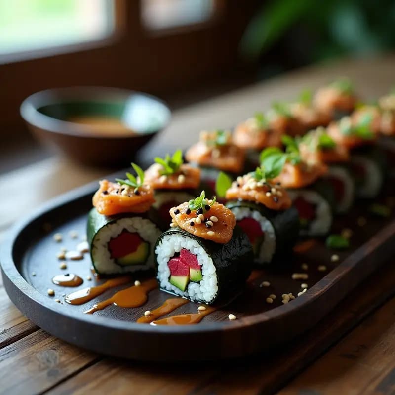 Plato de sushi vegano sin arroz con remolacha marinada en vinagre de manzana, champiñones Portobello dorados a la plancha y aguacate, bañado en vinagreta de sésamo y decorado con semillas negras y blancas, sobre fondo de madera oscura.