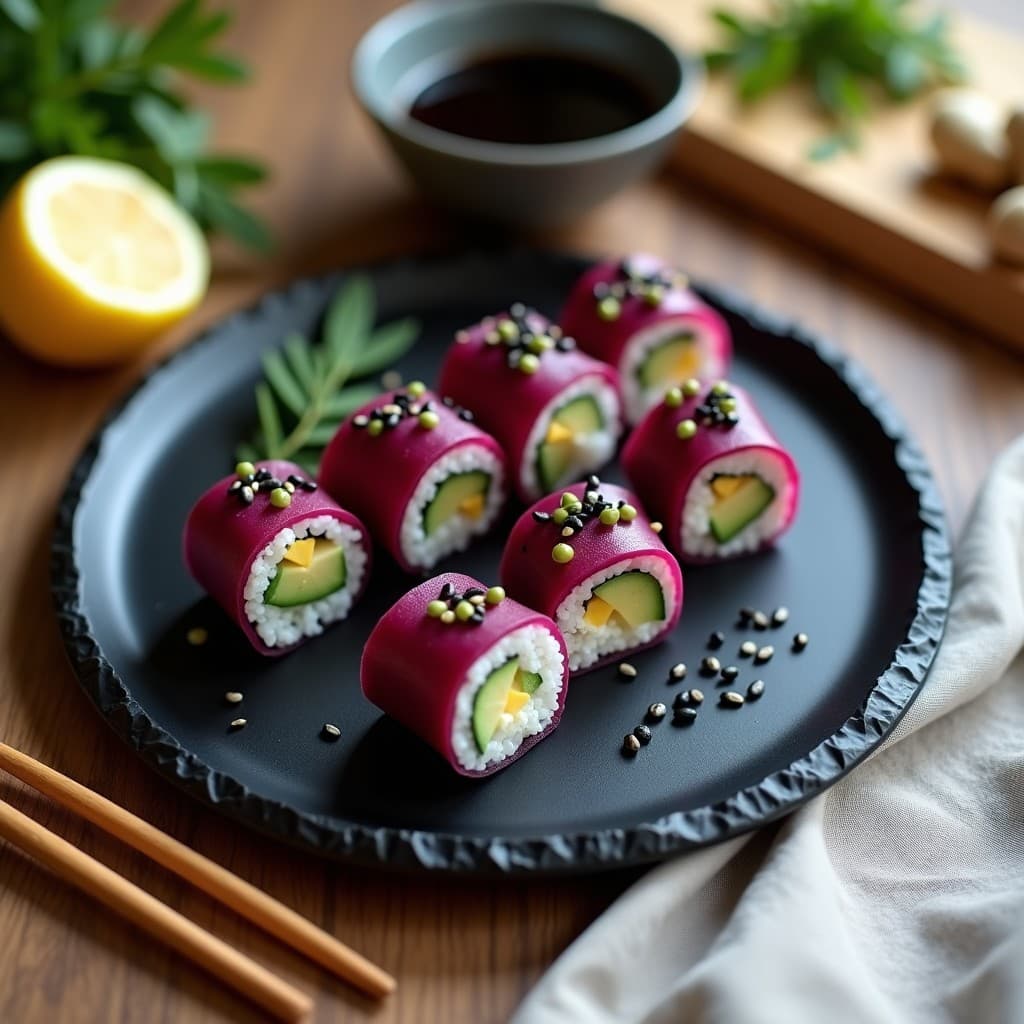Plato negro de pizarra con rolls de sushi vegano sin arroz, láminas moradas de remolacha rellenas de queso cremoso de anacardo, aguacate y pepino, decorados con semillas de sésamo negro y servidos con salsa de soja en un bol pequeño.