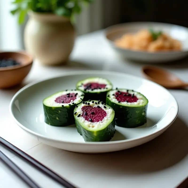 Rollitos de sushi crudivegano sin algas sobre plato de madera, con capas visibles de arroz de coliflor, queso de anacardos cremoso y remolacha marinada en tonos vibrantes, decorados con semillas de sésamo negro y blanco.