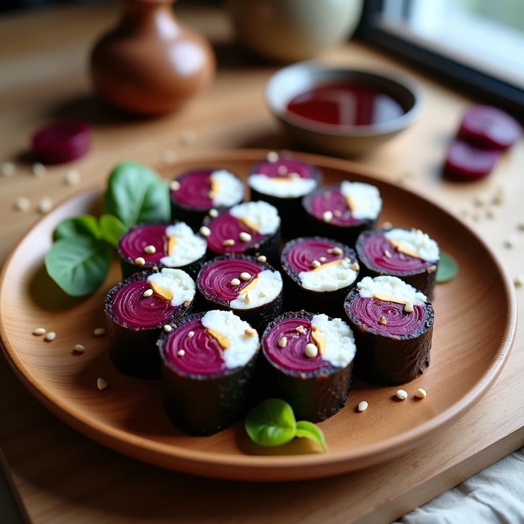 Plato de sushi vegano con rolls de remolacha morada, queso cremoso de cashew y aguacate, cortados en porciones y acompañados de salsa teriyaki sin azúcar y semillas de sésamo. Receta de sushi de remolacha y queso de cashew con teriyaki sin azúcar.