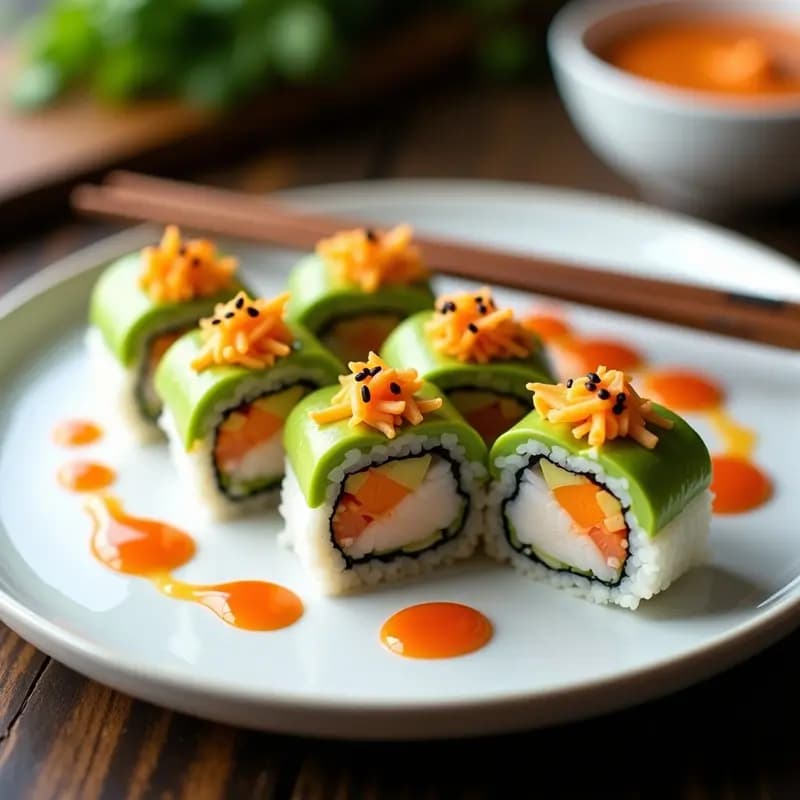 Plato blanco con sushi roll de aguacate y cangrejo imitación cortado en porciones, acompañado de salsa detective cremosa y espolvoreado con semillas de sésamo, receta fusion rápida.