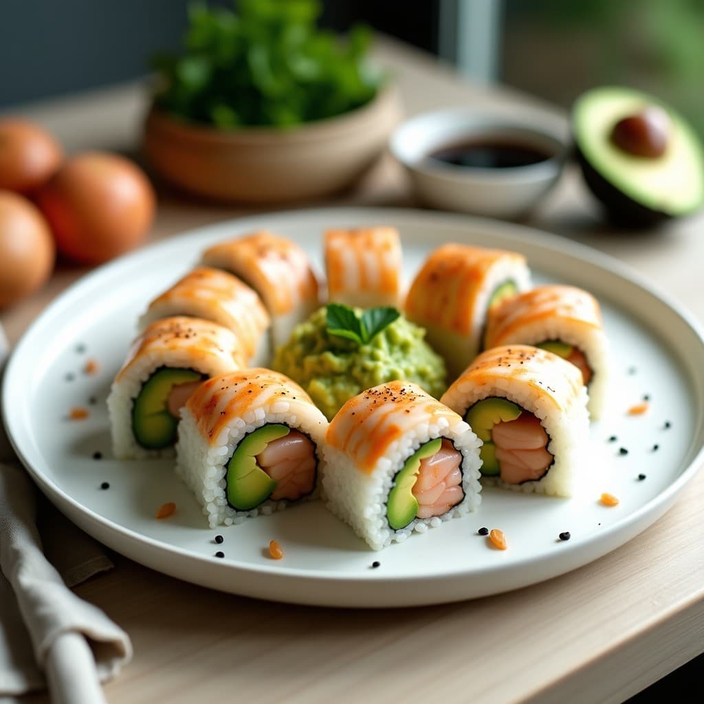 Plato blanco con Sushi Roll de Aguacate y Langostinos al Ajillo cortados en piezas, mostrando capas de arroz, aguacate verde cremoso y langostinos rosados con trozos de ajo. Acompañado de salsa de soja, semillas de sésamo espolvoreadas y wasabi al lado. Receta fusion japonesa mediterránea.