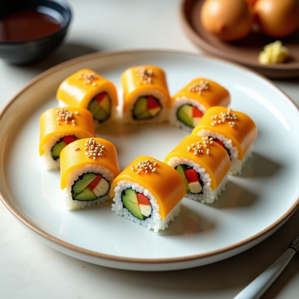 Plato blanco con sushi rolls de aguacate y mango veganos cortados en porciones, mostrando capas de arroz, mango naranja, aguacate verde y semillas de sésamo tostadas, servidos con salsa de soja y jengibre rallado en un fondo minimalista.