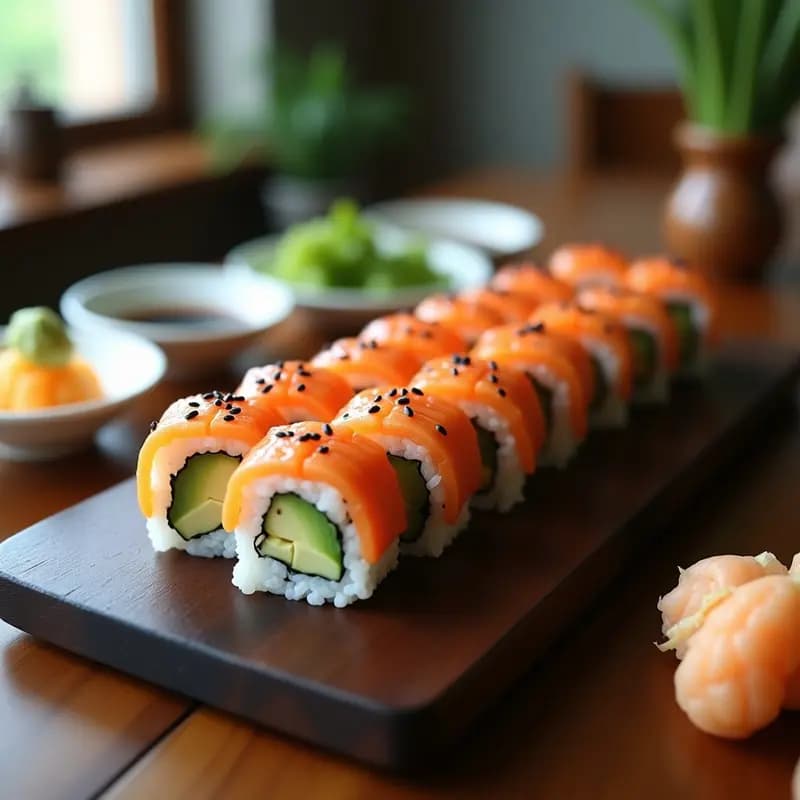 Vista cenital de un sushi roll de aguacate, pepino y surimi de cangrejo cortado en porciones, con semillas de sésamo tostadas y salsa de soja al lado, sobre una tabla de madera oscura.