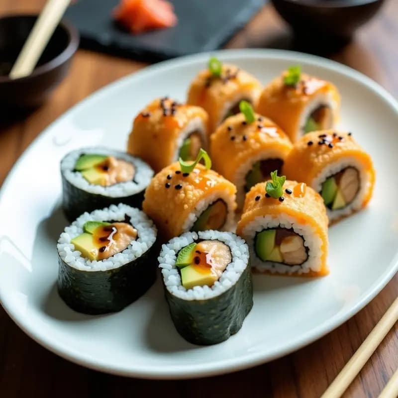 Plato de sushi roll cortado en porciones, mostrando capas de langostino tempura dorado, aguacate cremoso y arroz sazonado, envuelto en alga nori, con salsa teriyaki y semillas de sésamo negro al lado.