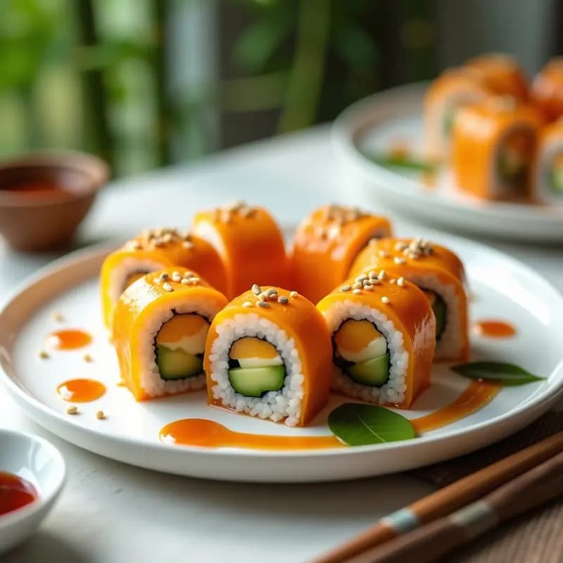 Plato blanco minimalista con 6 piezas de sushi roll de queso Philadelphia y higuerilla, bañadas en salsa teriyaki brillante, decoradas con semillas de sésamo y acompañadas de un hilo de salsa. Fondo con hojas de bambú y luz natural.