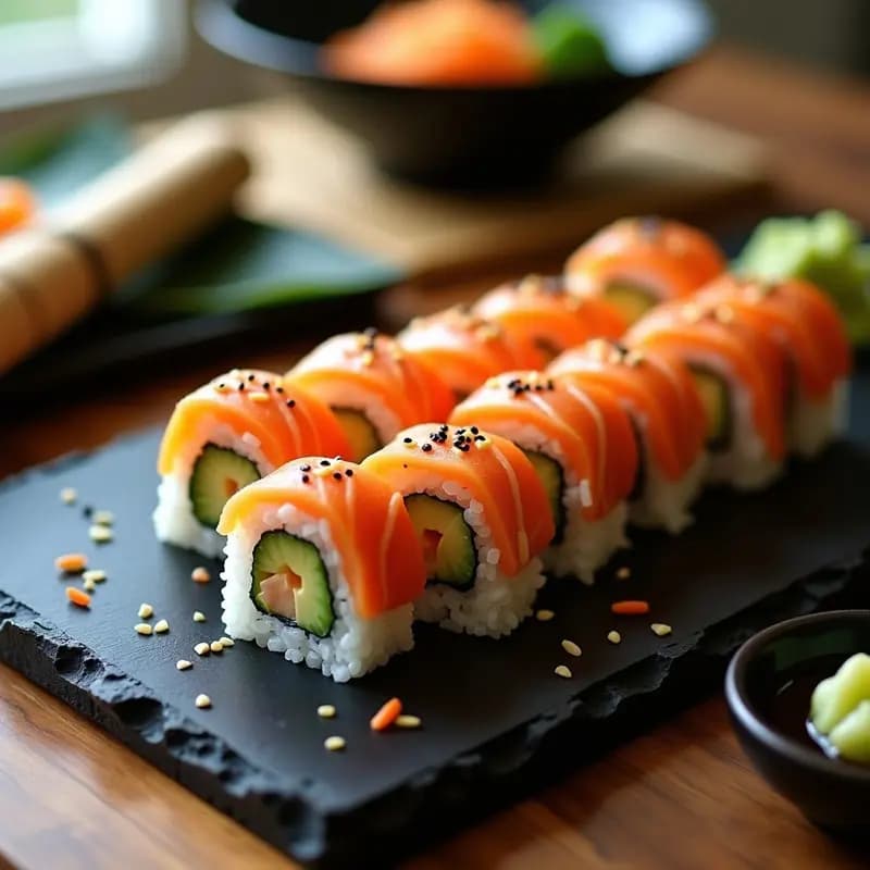 Sushi roll de salmón ahumado y aguacate cortado en porciones iguales, con capas visibles de arroz vinagrado, aguacate cremoso, salmón ahumado y semillas de sésamo, acompañado de salsa de soja, wasabi y jengibre encurtido sobre una tabla de madera oscura.