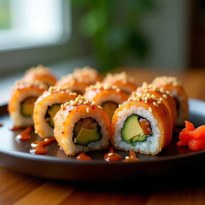 Plato de sushi rolls de aguacate y langostinos teriyaki en Airfryer, con toque crujiente dorado, cortados en porciones y decorados con semillas de sésamo, servidos sobre una tabla de madera con salsa teriyaki al lado.