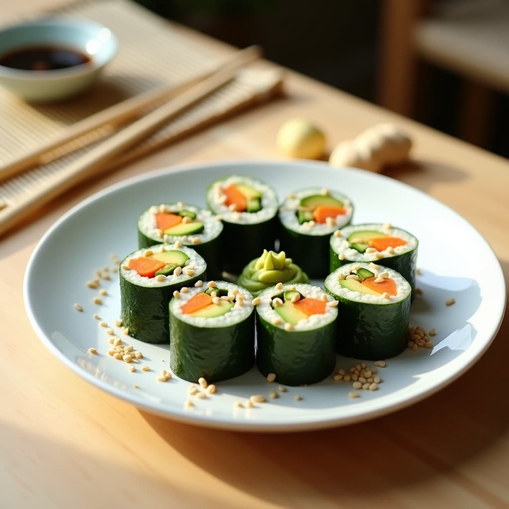 Plato blanco con sushi rolls de calabacín y hummus veganos, cortados en porciones, servidos con salsa de soja, jengibre rallado y semillas de sésamo. Toque japonés y frescor en cada bocado.
