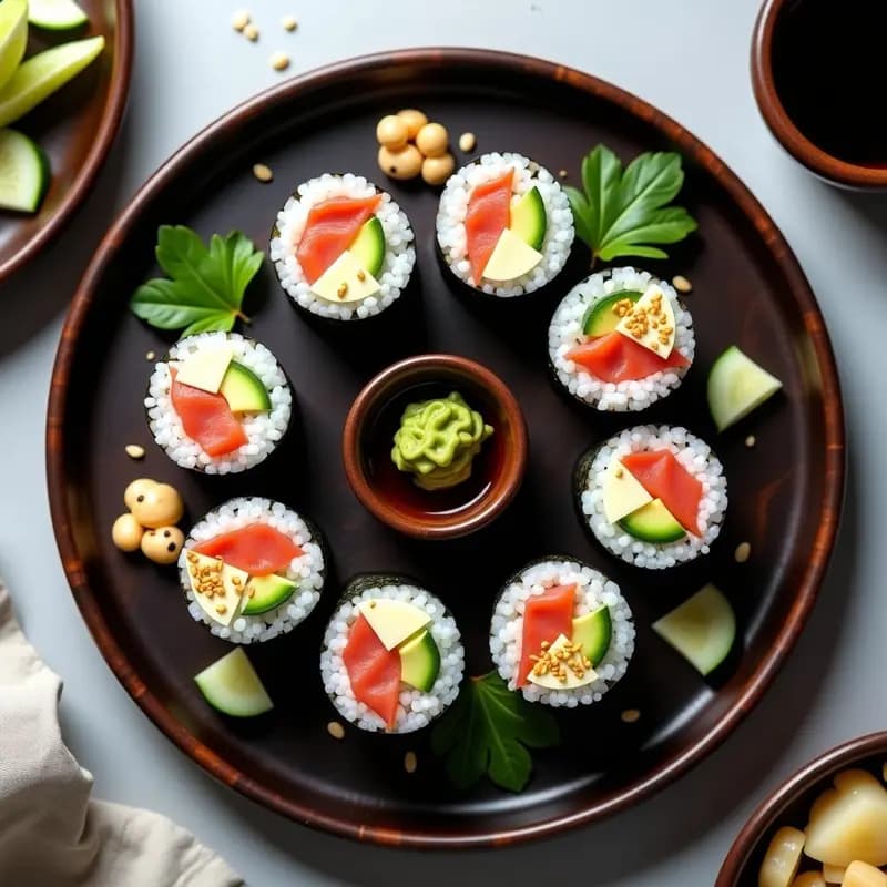 Plato de madera oscuro con sushi rolls de salmón y aguacate cortados en porciones, mostrando capas de arroz vinagrado, salmón rosa, aguacate verde y semillas de sésamo. Acompañado de salsa de soja, jengibre encurtido y wasabi en un recipiente de cerámica tradicional japonesa.