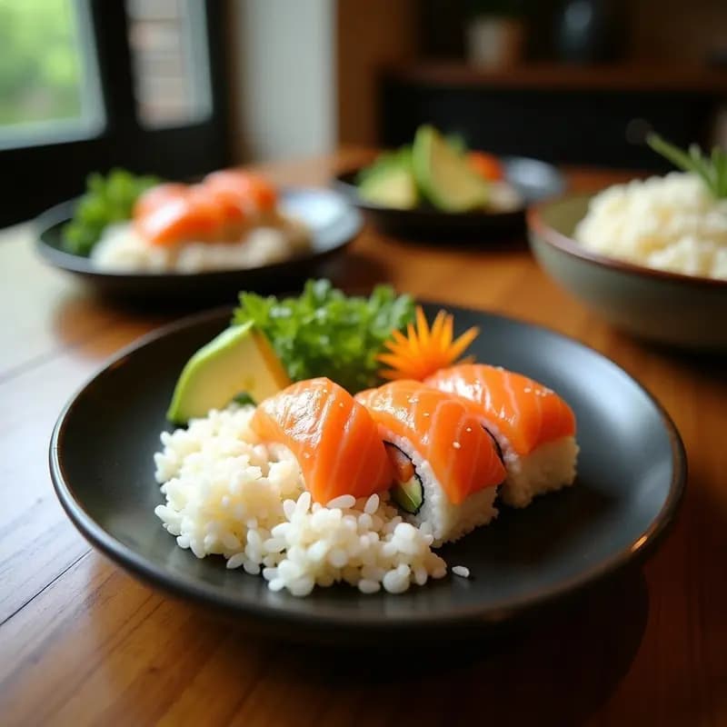 Plato blanco moderno con rollos de sushi de salmón y aguacate sobre base de arroz de coco, decorados con sésamo tostado y servidos con salsa de soja. Receta saludable y sin gluten.