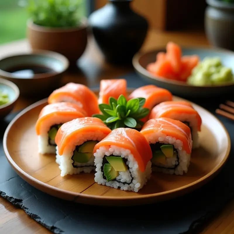Plato de madera con rollos de sushi de salmón y aguacate cortados en piezas, mostrando el arroz vinegado brillante, el salmón rosa y el aguacate verde. Acompañado de salsa de soja, wasabi y jengibre en escabeche sobre fondo oscuro.