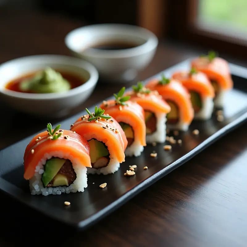 Plato rectangular negro con 8 piezas de sushi de salmón y aguacate con trufa negra, cortados con precisión. Los rollos muestran capas de salmón rosado, aguacate verde crema y láminas oscuras de trufa. Acompañados de salsa de soja, wasabi y semillas de sésamo espolvoreadas. Decorado con cebollino fresco y chorritos de aceite de trufa.