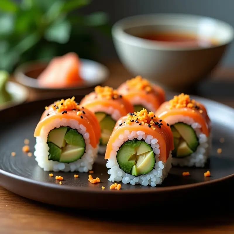 Roll California de sushi con salmón ahumado y aguacate, decorado con coco tostado, sésamo negro y huevas de tobiko, servido en plato de madera con salsa de soja y jengibre.