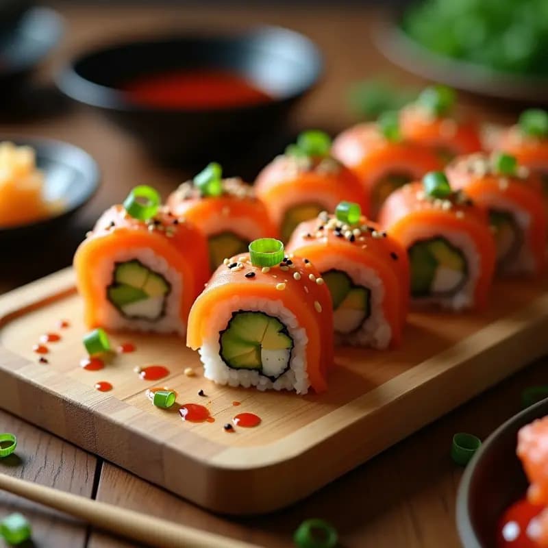 Rollos de sushi sin alga nori rellenos de salmón ahumado en láminas y aguacate cremoso, bañados con salsa sriracha y decorados con semillas de sésamo tostadas y cebollino fresco. Plato servido sobre una tabla de madera con jengibre en conserva y salsa de soja al lado.