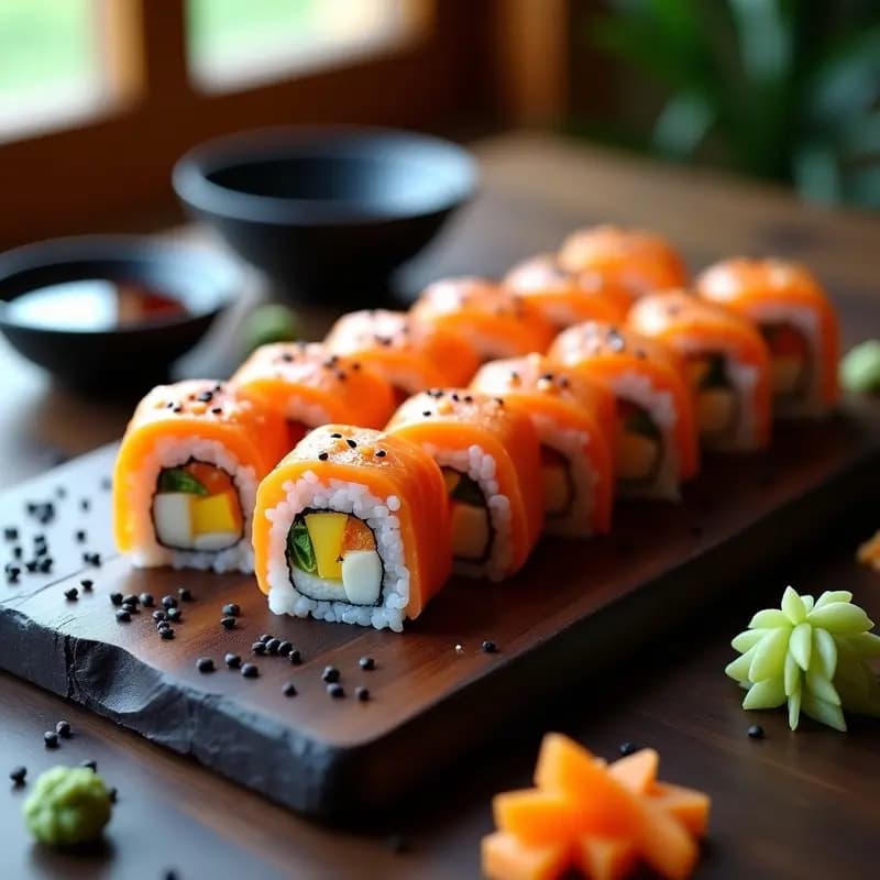 Plato de porcelana blanca con rollos de sushi de salmón y mango con arroz morado, cortados en porciones y dispuestos en círculo. El arroz morado contrasta con el salmón rosado y el mango amarillo. Acompañado de salsa de soja, wasabi y jengibre en escabeche sobre una mesa de madera oscura con fondo desenfocado.