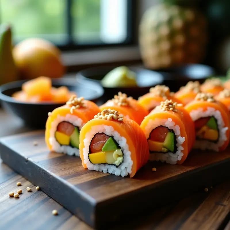 Rolls de sushi de salmón y mango cortados en porciones, mostrando capas de arroz blanco, salmón rosa, mango amarillo y aguacate verde, servidos en una tabla de madera con salsa de soja, wasabi y jengibre encurtido al lado. Plato fresco y colorido con toque tropical.