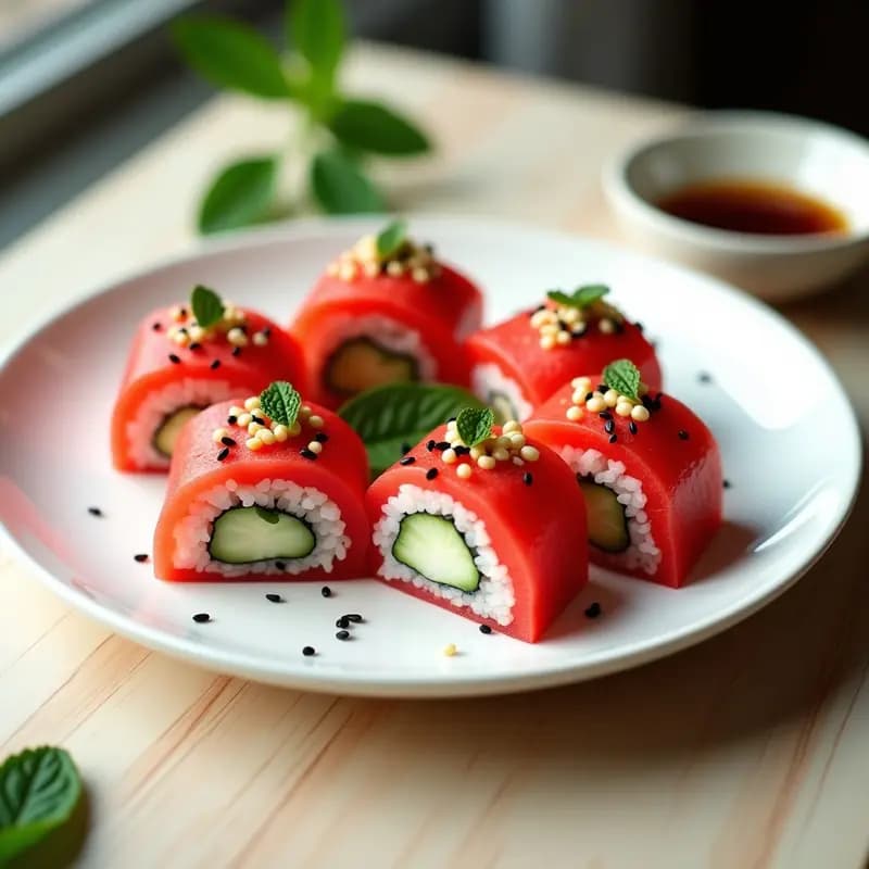 Plato blanco con sushi de sandía y queso de anacardos fusion, rollos cortados mostrando capas de sandía rosa, queso cremoso, pepino y zanahoria, decorados con semillas de sésamo y menta fresca, acompañado de salsa de soja.