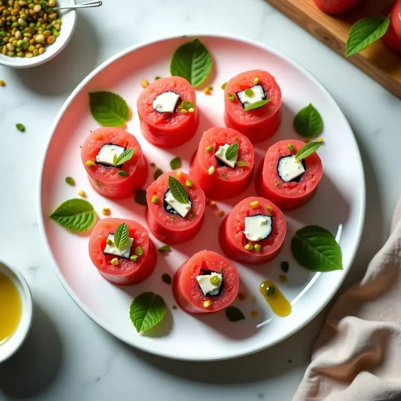 Plato blanco con rollitos de sushi de sandía y queso feta cortados en porciones, bañados en vinagreta de menta y limón, decorados con hojas de menta fresca y pistachos picados sobre fondo claro.