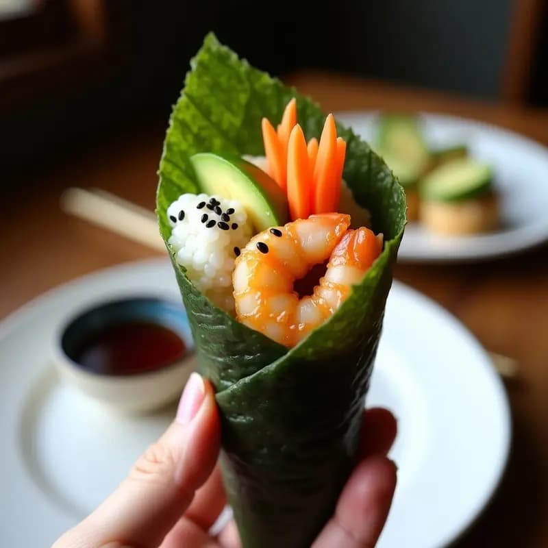 Cono de alga nori relleno de arroz blanco avinagrado, langostinos tempura dorados y crujientes, aguacate en tiras, pepino y zanahoria rallada, espolvoreado con semillas de sésamo negro. Plato de sushi temaki japonés con salsa teriyaki al lado.