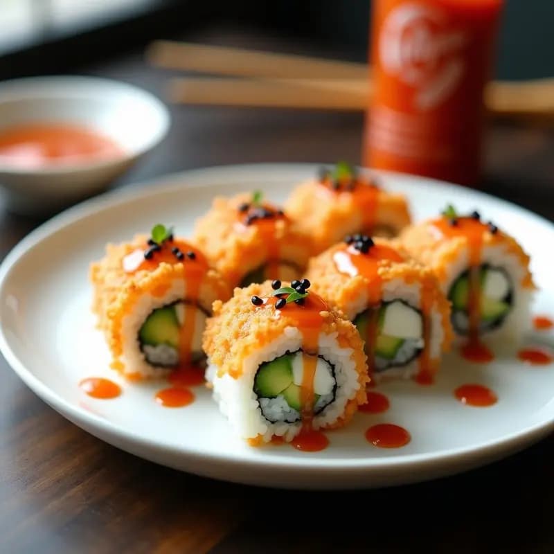 Plato de sushi de tempura de camarones y aguacate con salsa sriracha, rollos perfectamente cortados mostrando capas de arroz vinegredado, camarones dorados crujientes, aguacate verde y semillas de sésamo, servidos con salsa picante.