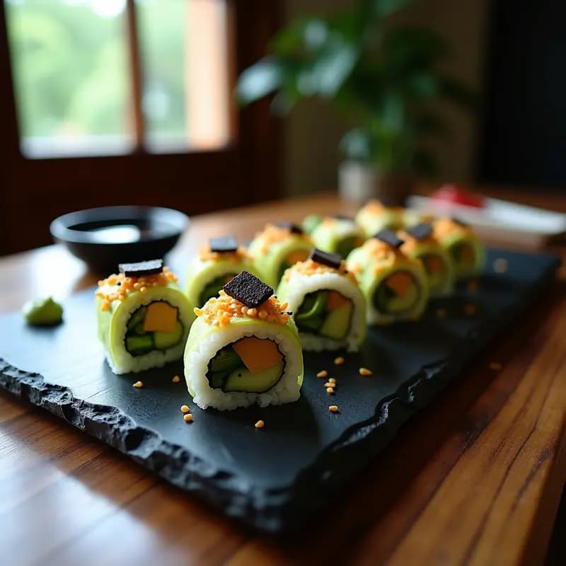 Plato de sushi osusume de trufa negra fusion sobre tabla de madera oscura, con rollos perfectamente cortados mostrando capas de arroz vinagrado, atún rojo, hongos shiitake y decoración de trufa rallada, semillas de sésamo y cebollino fresco.