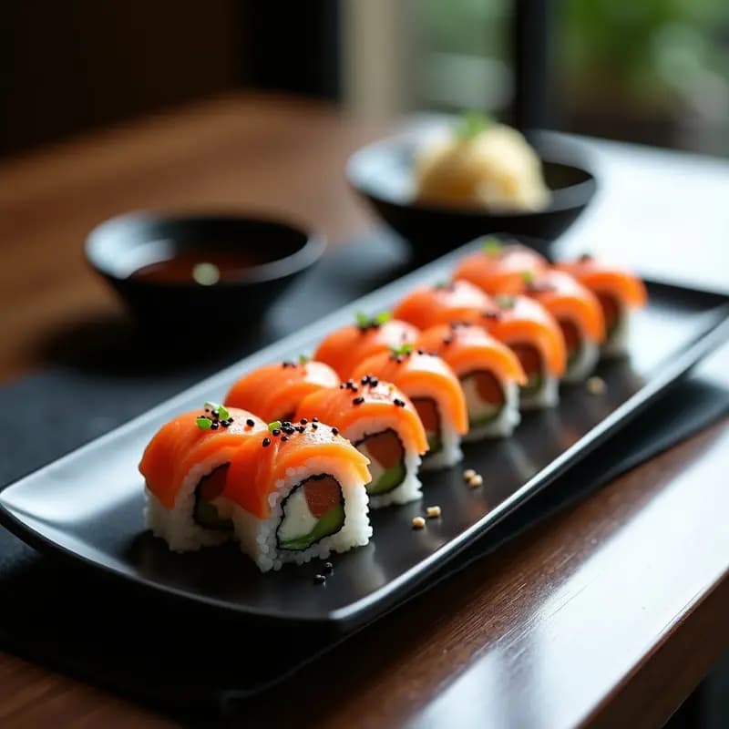 Plato rectangular de porcelana negra con 8 piezas de sushi de trufa negra y salmón salvaje, cortadas con precisión. El arroz de vinagre casero brilla levemente, el salmón salvaje tiene un tono rosado intenso y se ve la trufa negra en láminas finas sobre el queso crema. Decorado con semillas de sésamo negro y cebollino picado, acompañado de salsa de soja en un cuenco pequeño.