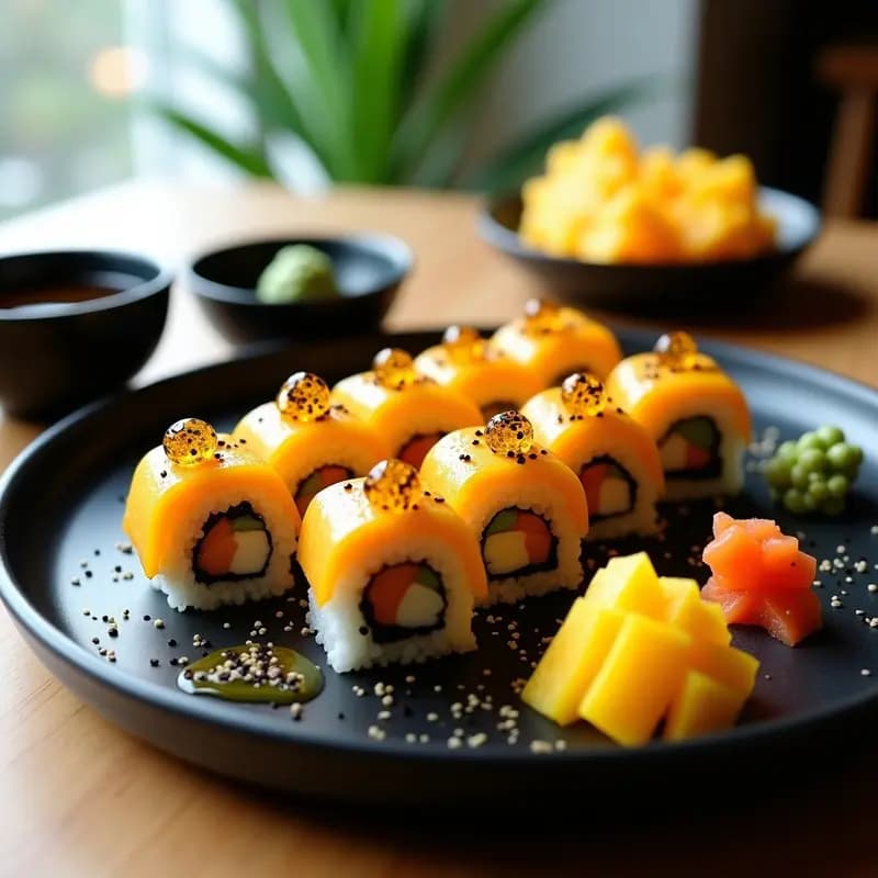 Plato de porcelana negra con 6 piezas de sushi de uni y caviar de mango, presentación elegante con semillas de sésamo negro, acompañadas de salsa de soja, wasabi y jengibre encurtido. Fondo borroso con luz natural resaltando los colores vibrantes del mango y el amarillo dorado del uni.