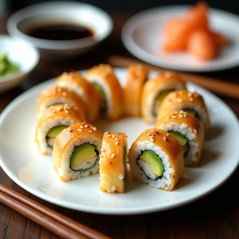 Plato blanco con sushi uramaki cortado en porciones, mostrando capas de arroz, langostino salteado y aguacate cremoso, decorado con semillas de sésamo y cebollino, acompañado de salsa teriyaki light en un bol pequeño.