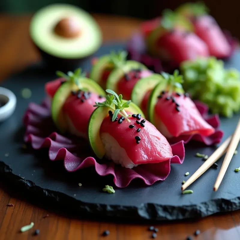 Plato de sushi vegano crudo con láminas de aguacate y remolacha en abanico, decorado con vinagreta de jacinto y semillas de sésamo negro sobre base de lechuga morada.